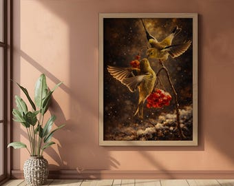 Pintura al óleo de aves imprimible • Arte mural de vida silvestre • Decoración digital de invierno con descarga