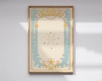 Arte de pared imprimible del zodiaco Piscis, póster de astrología celestial, decoración de horóscopo bohemio dorado, impresión digital espiritual minimalista