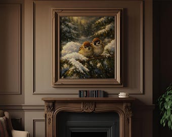 Pintura al óleo de pájaro imprimible • Arte mural de naturaleza invernal • Decoración digital de descarga de gorrión y vida silvestre