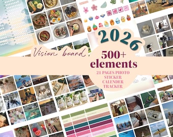 Kit de tablero de visión 2026, más de 500 elementos, 239 fotos, pegatinas, planificador de objetivos y registro de hábitos.