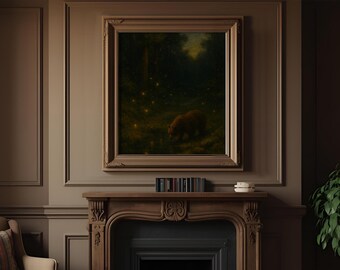 Arte de pared de oso imprimible, pintura al óleo de animales del bosque oscuro, obra de arte de naturaleza melancólica, descarga digital
