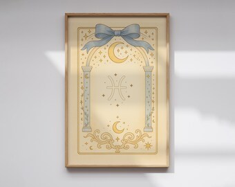 Arte de pared imprimible del zodiaco Piscis, póster de astrología celestial, decoración minimalista del horóscopo dorado, descarga digital