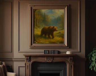 Impresión de oso estilo cottagecore, pintura al óleo de paisaje de bosque (descarga instantánea)