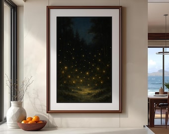 Arte imprimible de luciérnagas en el bosque nocturno, pintura al óleo de bosque oscuro, decoración de pared natural, descarga