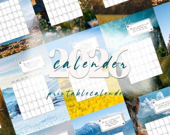 Calendario imprimible 2026, planificador fotográfico mensual con frases motivacionales y tablero de visión.