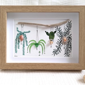 Dipinto botanico di piante, acquerello, creazione unica, con conchiglia e vetro lucidato per decorazione murale, opera d'arte in vetro di mare con conchiglia