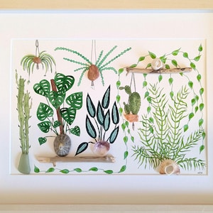 Dipinto botanico di piante, acquerello, creazione unica, con conchiglia e vetro lucidato per decorazione murale, opera d'arte in vetro di mare con conchiglia