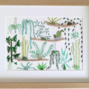 Dipinto botanico di piante, acquerello, creazione unica, con conchiglia e vetro lucidato per decorazione murale, opera d'arte in vetro di mare con conchiglia
