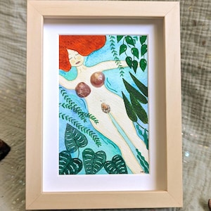 Dipinto di donna nuda, oceano, pianta botanica, acquerello, creazione originale e unica, fatta a mano, con conchiglia in vetro di mare