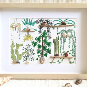 Tableau plante botanique, aquarelle, création unique, avec coquillage et verre poli pour décoration murale, seaglass artwork shell art