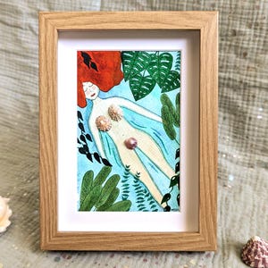 Tableau femme nue, océan, plante botanique, aquarelle, création originale et unique, fait main, avec coquillage seaglass artwork shell art