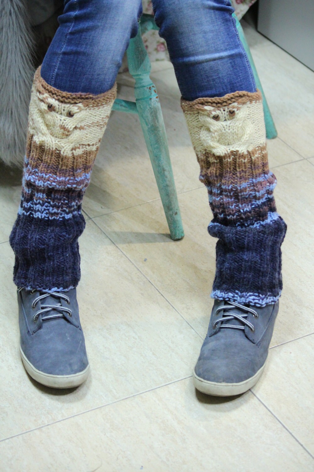 Knitted Legs Warmers Owl Pattern Legs Warmers Brown Blue Etsy