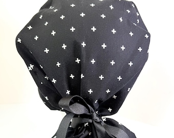 Black & White Ponytail Surgical Scrub Cap, white plus sign, X’s