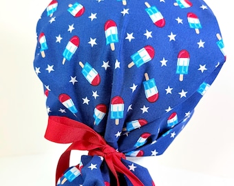 Stars and popsicle Ponytail Scrub Hat: Patriotic Fourth of July Cotton surgical scrub Cap
