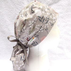PonyTail Scrub Cap for Women, Scrub Hat, Floral on Grey, Surgical Scrub Caps, Scrub Hats, Scrub Cap, Scrub Caps,