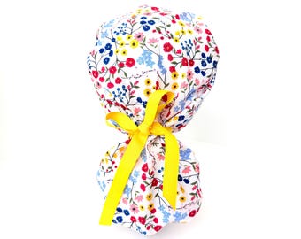 White floral Ponytail scrub cap, scrub hat, spring, elastic and ribbon closure