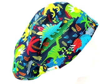 Dinosaur Euro Scrub Cap, toggle with elastic closure: green scrub hat