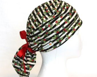 Ponytail Christmas Scrub Cap, black and white stripes, Holly, Holiday Season, Holiday, Christmas, red, scrub caps, scrub hats, scrub cap