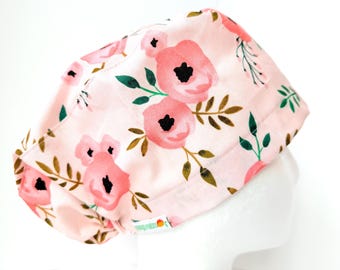 Pink Floral Euro Scrub Cap, toggle with elastic closure: surgical scrub hat