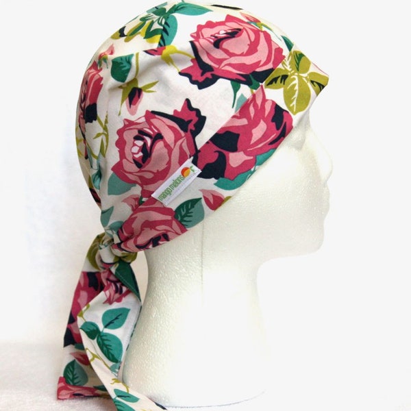 Scrub Hats for Women, roses, White, Tie back Surgical Scrub Cap, Operating Hat, Operating Cap, pixie style, pixie scrub cap, scrub hat