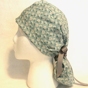 Scrub Cap, Ponytail Scrub Cap, Ponytail Scrub Hat, surgical Pony Tail Cap, Scrub Hats, Scrub caps, small print, light blue, caps for women image 1