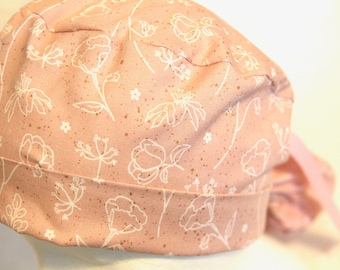 Scrub Cap, Ponytail Scrub Cap, Scrub Ponytail Hat, scrub hat, scrub caps, scrub hats, surgical scrub cap, Pink, White, ribbon ties closure