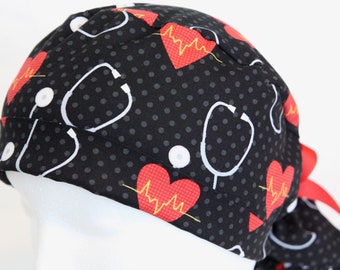 PonyTail Scrub Cap for Women, Scrub Hat, Scrub cap, stethoscope, Surgical Scrub Caps, Scrub Hats, Scrub Caps, heart rate, medical print