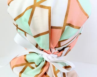 Cotton Ponytail Scrub Hat: Adjustable Ribbon Tie, Geometric Print