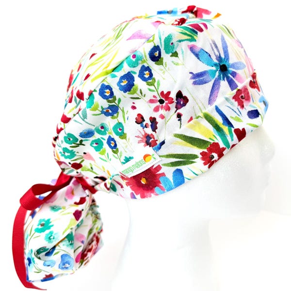 Gorro quirúrgico floral para coleta: Gorro quirúrgico para mujer con cinta roja