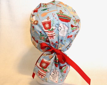 Ponytail Christmas Scrub Cap, Holiday Baking scrub cap, Baking, Surgical cap, Holiday, Christmas, scrub caps, scrub hats, scrub cap