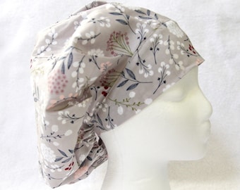 Bouffant Surgical Scrub Hat, Scrub Cap for Woman, Ties into a Ponytail Scrub Hat. Grey, white, pink, leaves, vines