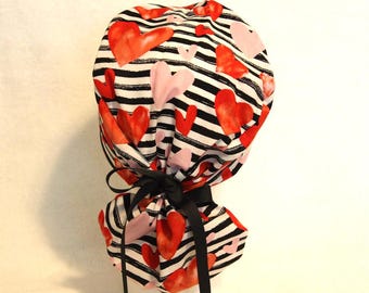 Hearts & Stripes Ponytail Scrub Hat: Adjustable Cotton Scrub Cap