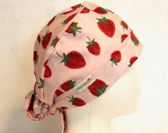 Strawberry Print Scrub Hat: Cotton Tie Back Surgical Cap
