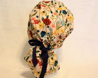 Floral Ponytail Scrub Cap: Adjustable Cotton Scrub Hat