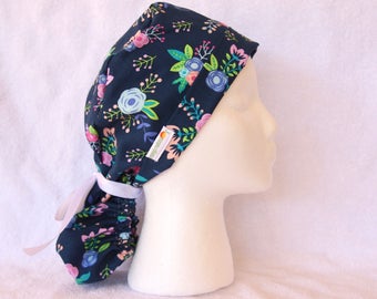 Scrub Cap, Ponytail Scrub Cap, Scrub Ponytail Hat - Medical Pony Tail Cap, Modern Floral on Navy Blue