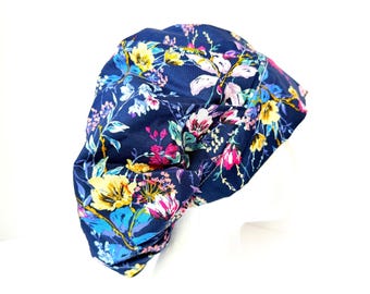 Navy Floral Bouffant Scrub Hat: Ponytail Ties, 100% Cotton, Veterinarian Dentist Hat