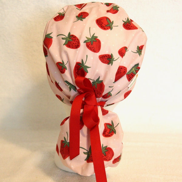 PonyTail Scrub Cap for Women, Scrub Hat, strawberries, strawberry, Surgical Scrub Caps, Scrub Hats, Scrub Cap, Scrub Caps