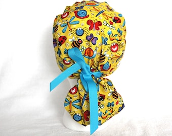 PonyTail Scrub Cap for Women, Scrub Hat, Surgical Scrub Caps, Scrub Hats, Scrub Cap, Scrub Caps, pediatric, yellow, bugs, insects, bee, blue