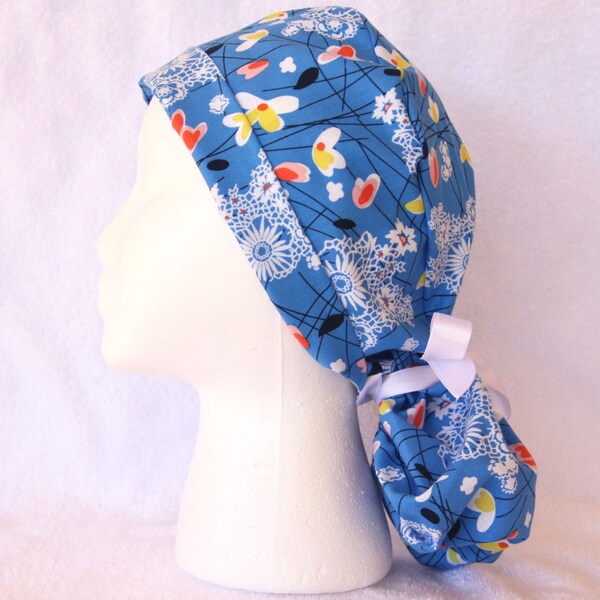 PonyTail Surgical Hat, Scrub Hat, PonyTail Scrub Hat, Scrub Caps, Scrub Cap, Ponytail, Adjustable scrub hat, Blue floral
