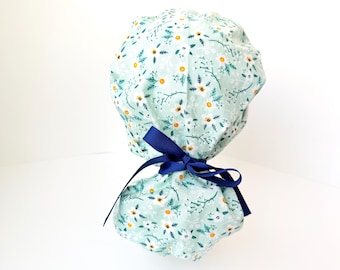 Ponytail scrub cap, scrub hat, elastic and ribbon closure, light green, teal, floral