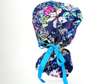 Surgical ponytail Scrub cap: navy floral with turquoise ribbon