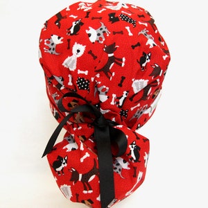 Scrub Cap, Ponytail Scrub Cap, Scrub Ponytail Hat, Dog scrub cap, Pony Tail Cap, Dogs, Scrub caps, scrub hat, scrub hats, red, black, pony