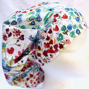 Bouffant Surgical Scrub Hat, Scrub Cap for Woman, Ties into a Ponytail Scrub Hat. Red Floral, Green, Blue and White.