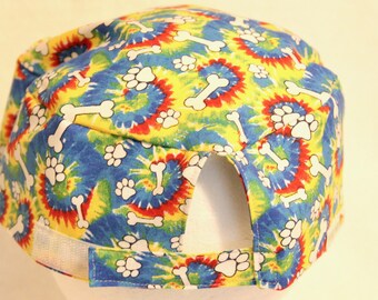 Tie-Dye Men's Scrub Cap: Dog Bone Print, Hook and Loop