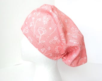 Euro Scrub Cap, pink and white, toggle with elastic closure, scrub hat