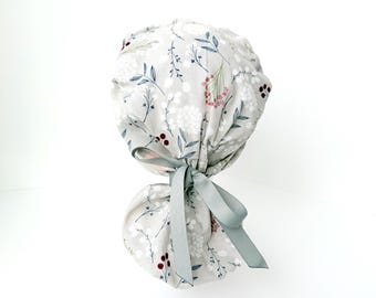 Grey PonyTail Scrub Cap: Adjustable surgical Scrub Hat, ribbon for fitting, women