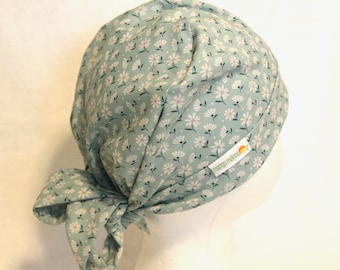 Floral Scrub Hat: Turquoise Cotton Tie Back Surgical Cap