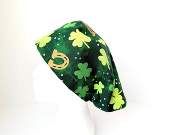 4-Leaf Clover Scrub Cap, Lucky Horseshoe Surgical Hat, Toggle Closure