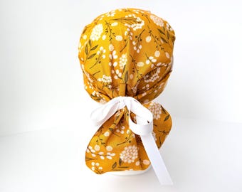 Mustard Orange Floral Ponytail Scrub Hat: Veterinarian, Dentist, Food Service Cap
