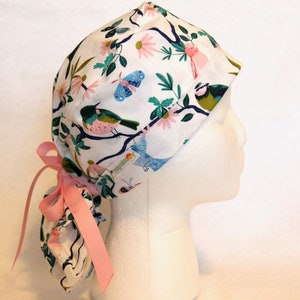 Scrub Cap, Ponytail Scrub Cap, Scrub Ponytail Hat, scrub hat, surgical scrub cap, women&#39;s scrub hat, scrub caps, pony tail, birds, white cap
